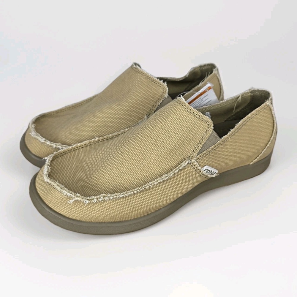 Crocs Santa Cruz Loafer Mens 9 Khaki Canvas Slip On Coastal Laid Back Resort